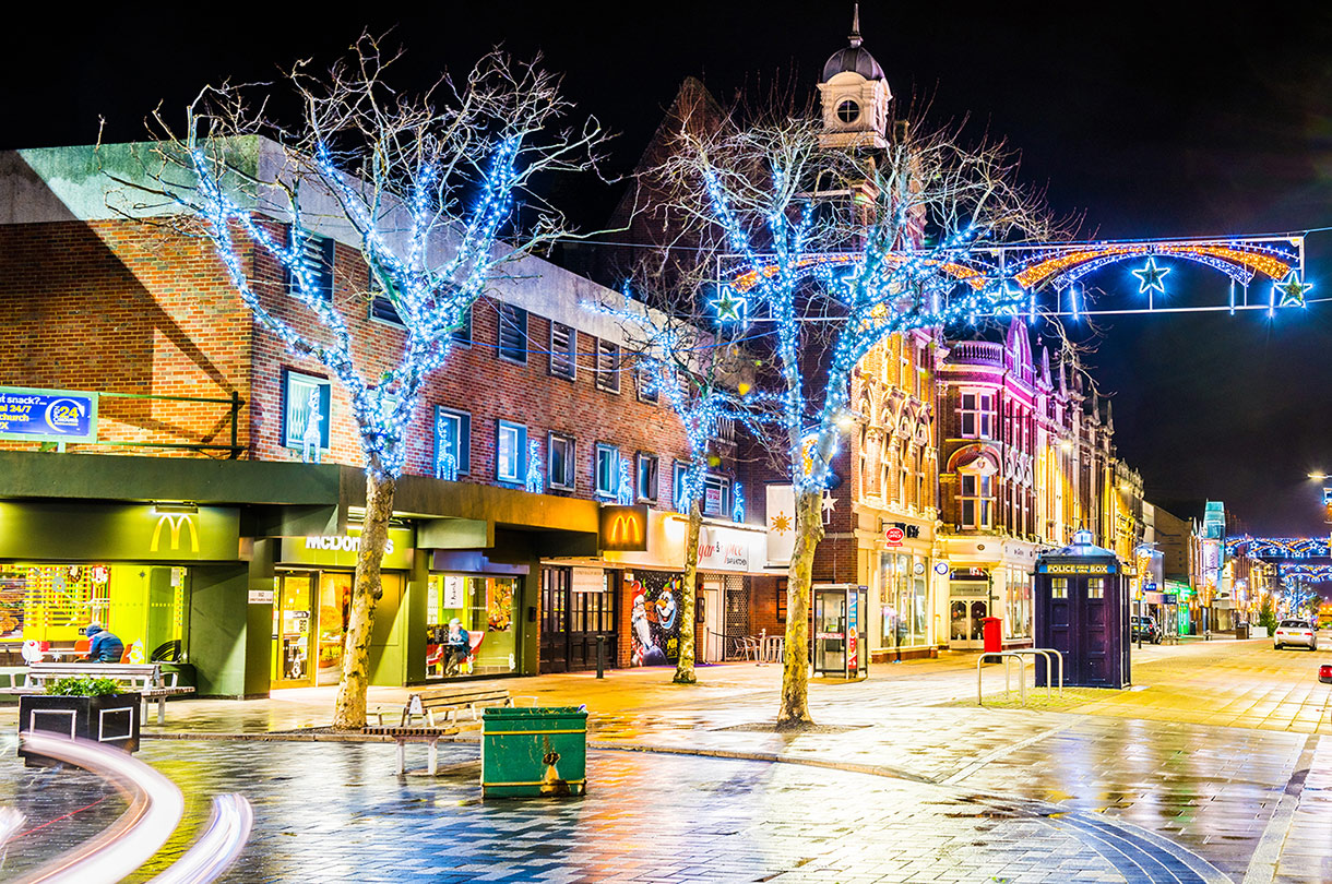 Boscombe high street at night with christmas lights turned on