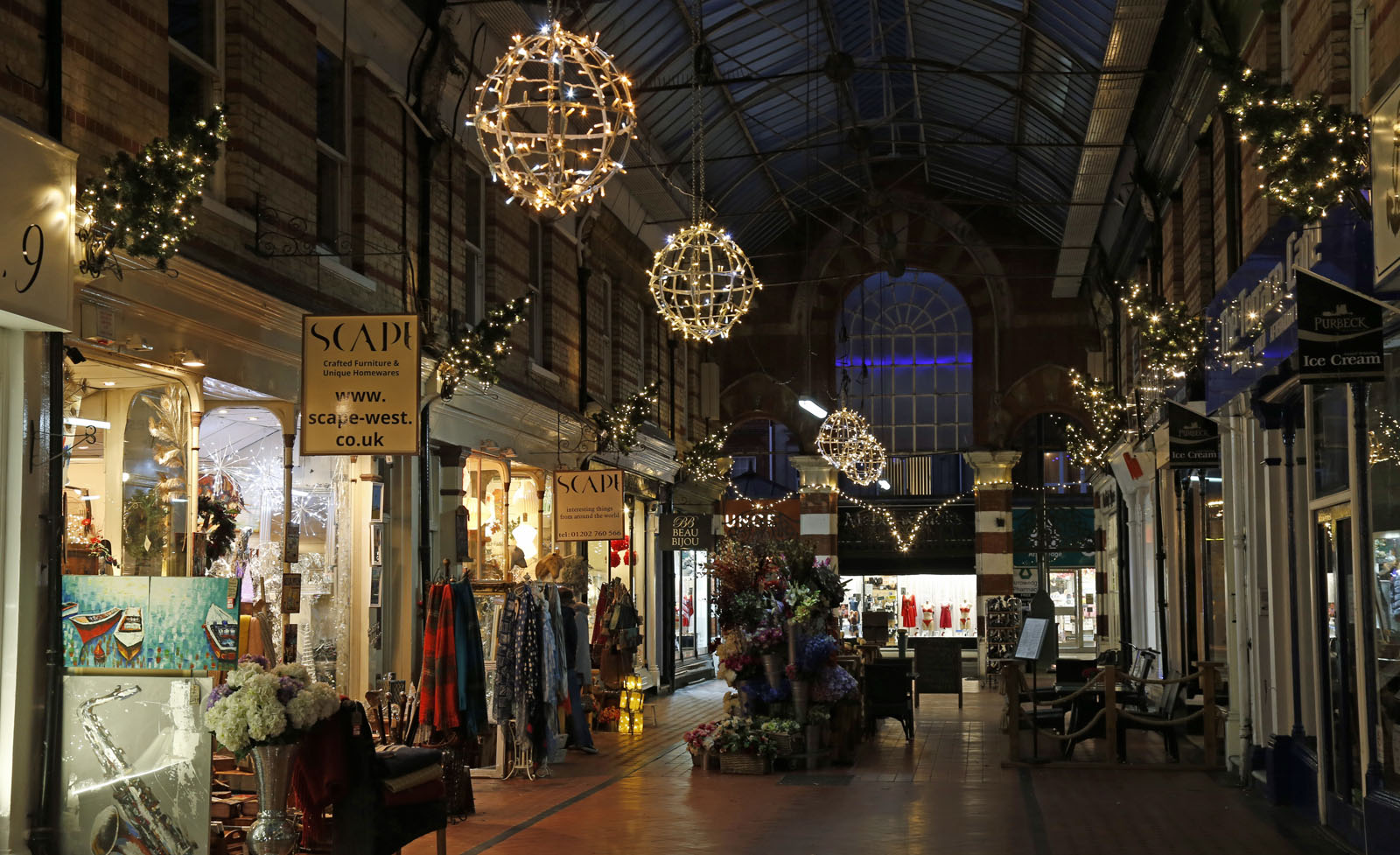 Westbourne Arcade at night with christmas lights turned on